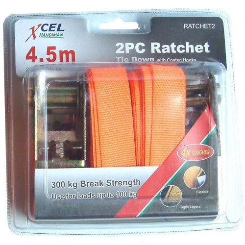 Heavy-duty yellow ratchet tie-down set, 4.5m long, 250kg capacity, ideal for securing furniture and equipment.