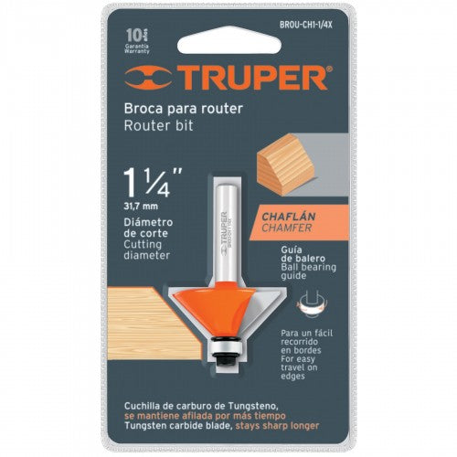 Router Bit Chamfer - Truper (1 1/4"): Durable chrome steel bit for precise wood shaping, featuring a 15mm tungsten carbide cutter.