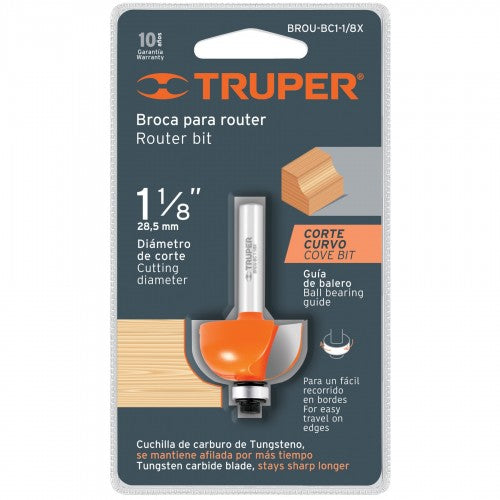Truper Cove Router Bit (1-1/8") for precise wood cutting, durable chrome steel, and premium tungsten carbide cutter.