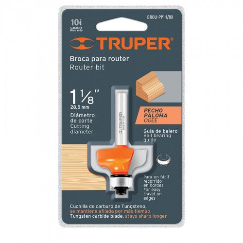 Truper Ogee Router Bit (1-1/8") with chrome steel body and tungsten carbide cutter for precise wood shaping.