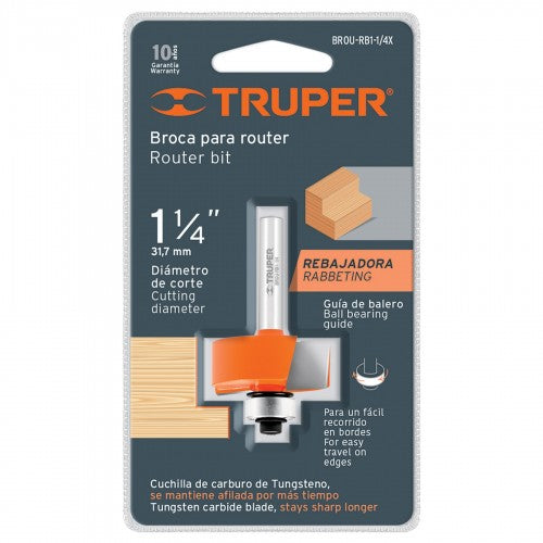 Truper Rabbet Router Bit (1-1/4") with durable chrome steel body and tungsten carbide cutter for precise woodworking.