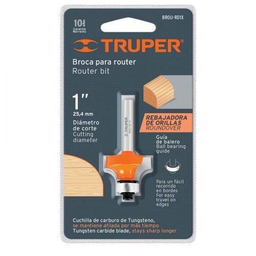 Truper Roundover Router Bit (1") for smooth edges, chrome steel body, durable tungsten carbide cutter, 1/4" shaft.
