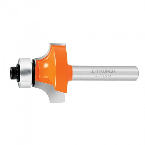 Truper Roundover Router Bit (1") featuring a chrome steel body and tungsten carbide cutter for durable, precise wood shaping.