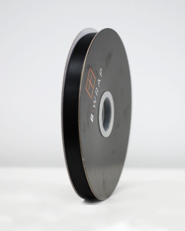Double-sided black satin ribbon, 16mm wide and 100m long, perfect for crafting and elegant gift-wrapping.