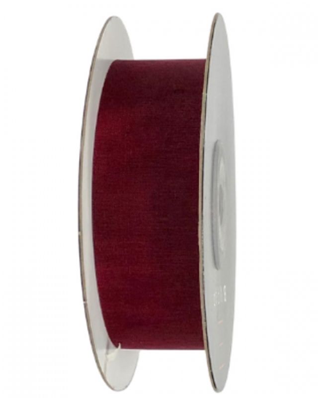Burgundy cut edge organza ribbon, 25mm x 50m, perfect for gift wrapping and elegant crafting projects.