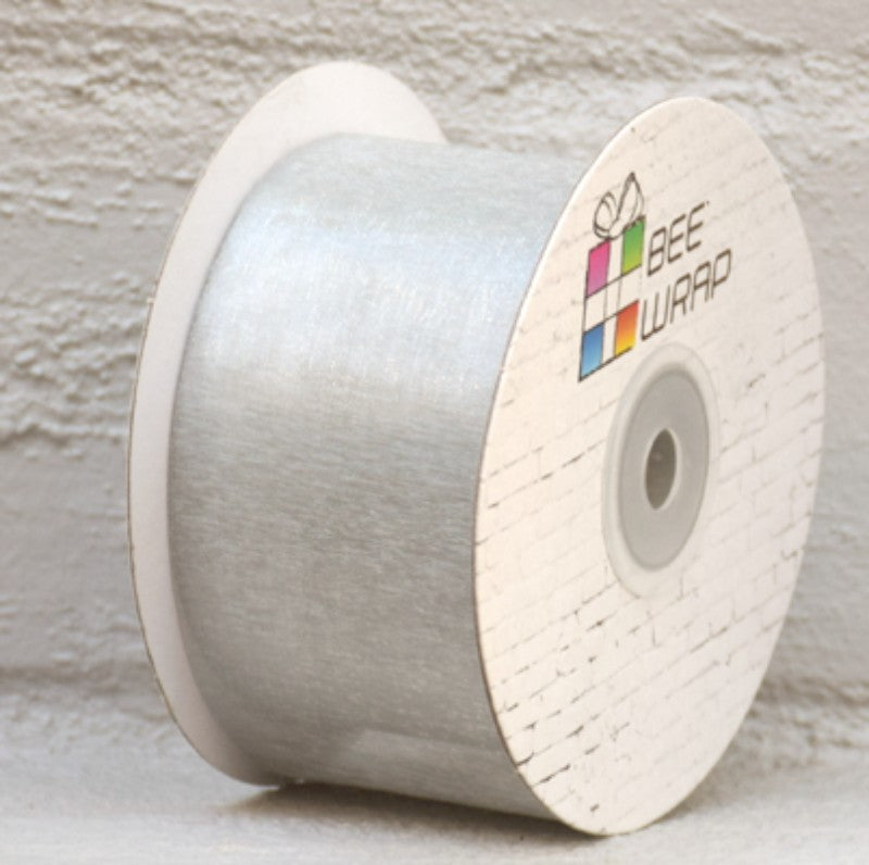 Luxurious 50mm x 50m silver organza ribbon, perfect for elegant gift wrapping and creative floral decorations.