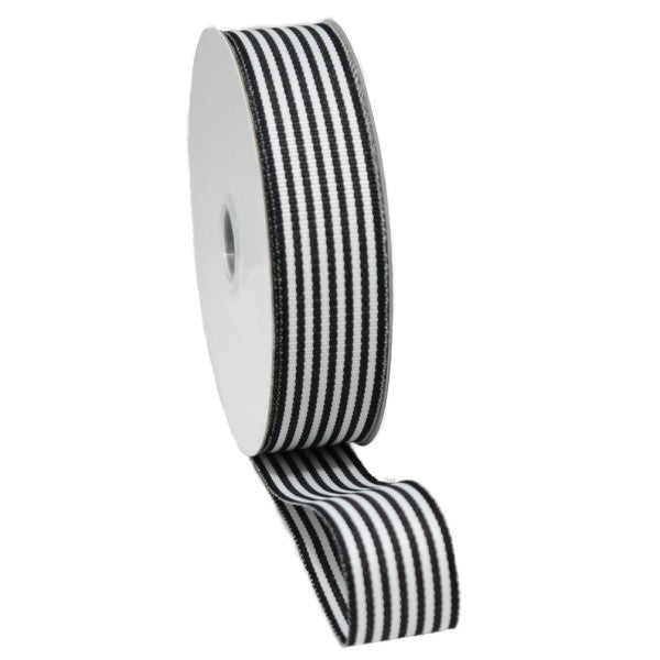 Black and white woven edge ribbon, 25mm x 20m, perfect for crafts, gift wrapping, and stylish decor projects.