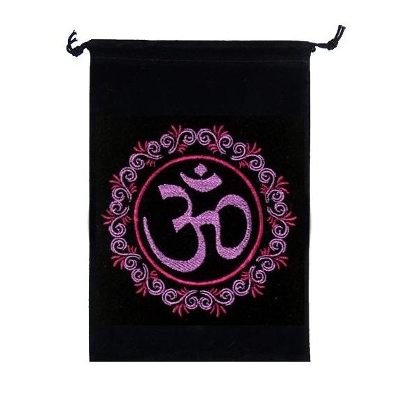 Elegant 5x7 inch black velvet bag with dual drawstring and embroidered OM symbol for stylish storage of tarot, crystals, and jewelry.