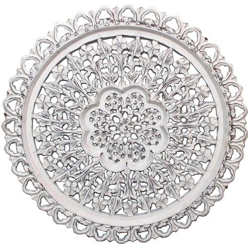Rustic round 3D wall decor with intricate carvings, perfect for enhancing farmhouse or contemporary interiors.