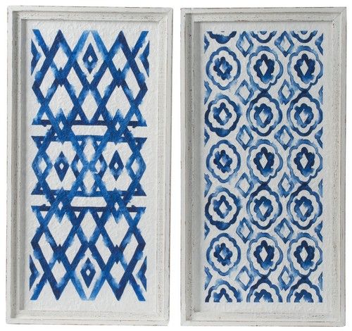 Elegant wall decor set in white and indigo, featuring vibrant blue patterns on fir wood and paper for stylish interiors.