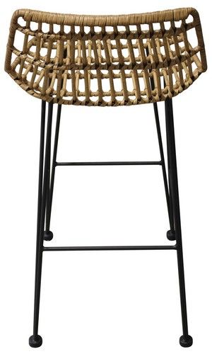 Elegant natural and black wicker barstool with metal frame, perfect for dining and entertainment spaces.