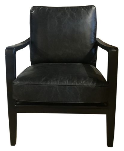 Elegant Leather Occasional Finn Chair in Belon Black with a stylish black frame, featuring unique buckle detailing and premium cushioning.