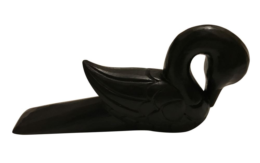 Elegant handcrafted black swan wood door wedge, lightweight and non-slip for effective door security and style.
