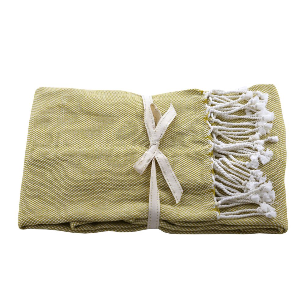 Cozy Basket Weave Moss Green Throw from Raine and Humble, made of 100% cotton, perfect for adding elegance to any room.