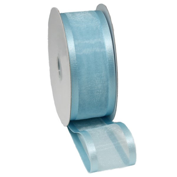 Pale blue satin edge organza ribbon, 38mm wide and 25m long, perfect for elegant decorating and crafting projects.