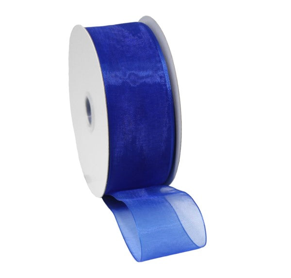 Sapphire organza ribbon with woven edges, 25mm wide and 50m long, perfect for elegant crafts and decorations.
