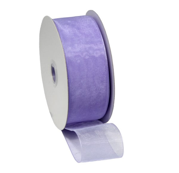 Elegant wisteria organza ribbon with woven edges, 25mm x 50m, perfect for crafts, weddings, and home decor.