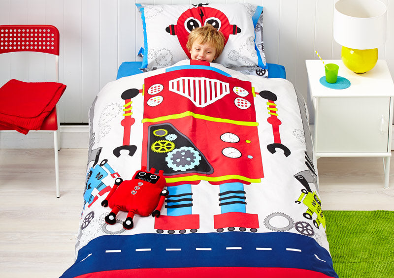 Robot Kids Duvet Set featuring Robot Bob design in vibrant colors, perfect for inspiring bedtime adventures in children's rooms.