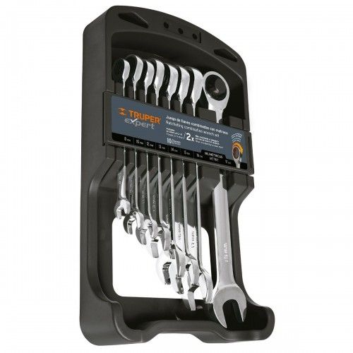 8-piece Truper metric ratchet wrench set in chrome vanadium steel, designed for precision, durability, and tight space access.
