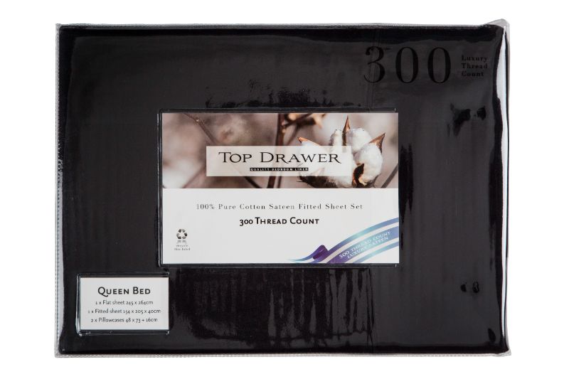 QUEEN Sheet Set in Black, 300TC cotton, includes flat and fitted sheets plus pillowcases for stylish, year-round comfort.