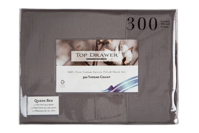 Graphite QUEEN Sheet Set with 300TC, 100% cotton, deep-pocket fitted sheet, flat sheet, and pillowcases for ultimate comfort.