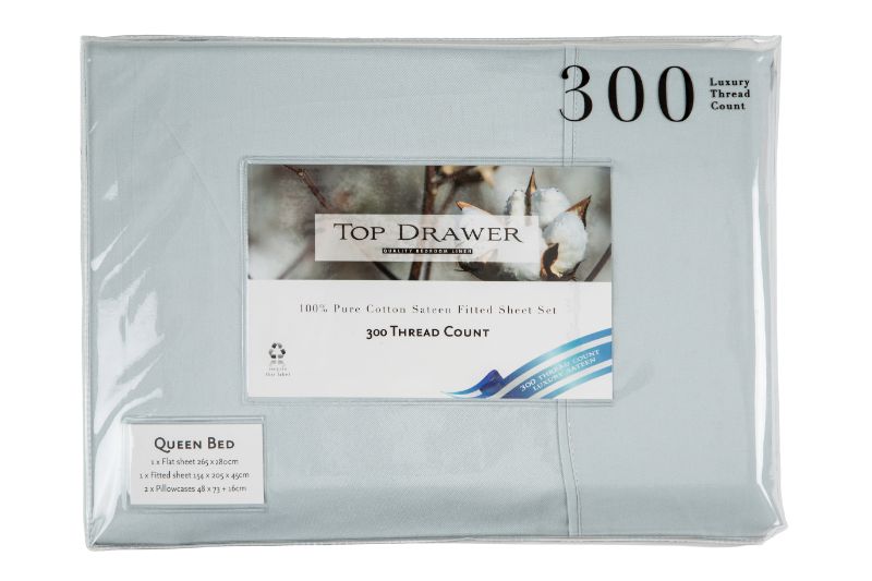 Sage 300TC king sheet set with 50cm drop, 100% cotton, includes flat sheet, fitted sheet, and two pillowcases.