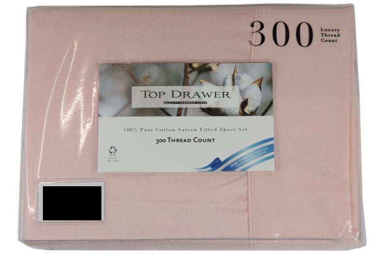 Blush super king sheet set with 300TC cotton, 50cm drop, includes flat sheet, fitted sheet, and 2 pillowcases.