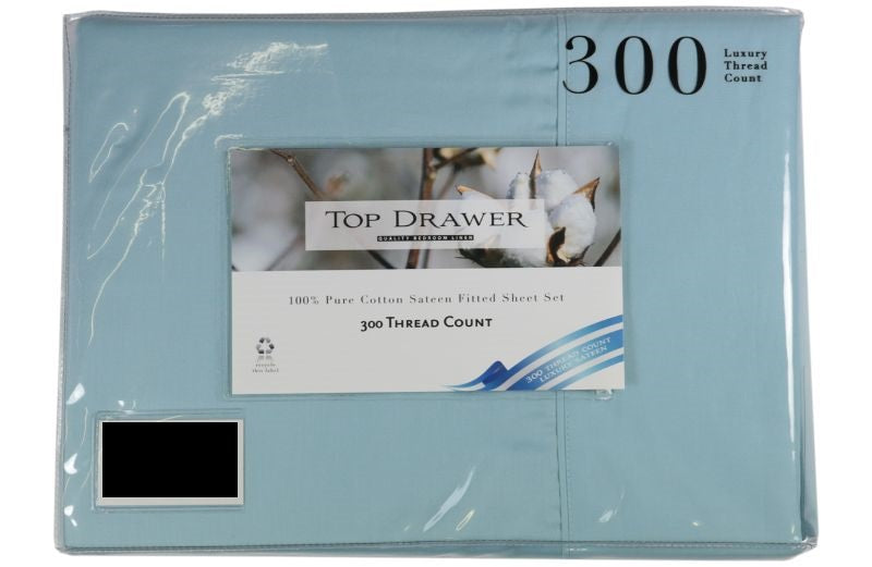 Light blue super king sheet set with 300TC, includes flat and fitted sheets plus pillowcases, ensuring comfort and durability.