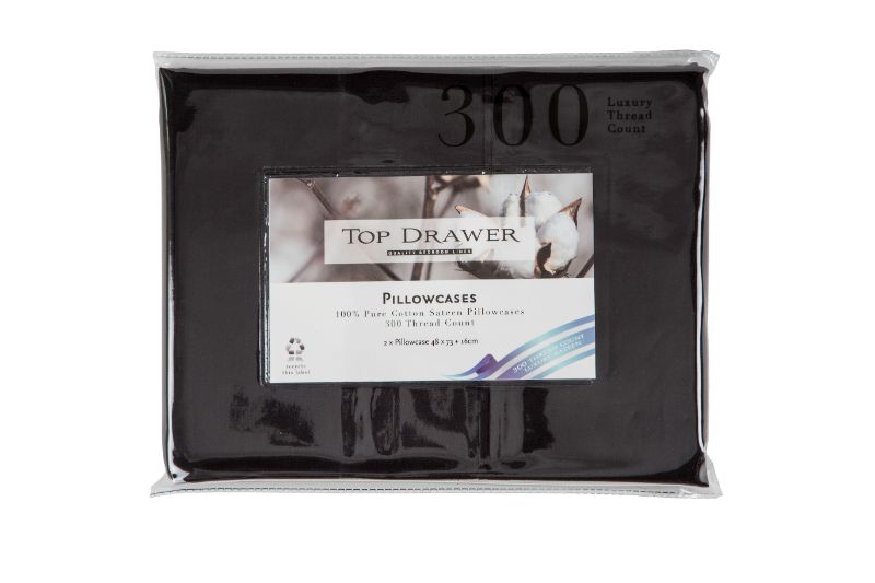 Standard Black Cotton Sateen Pillowcase 2 Pack with 300TC, soft and durable for a stylish bedroom upgrade.