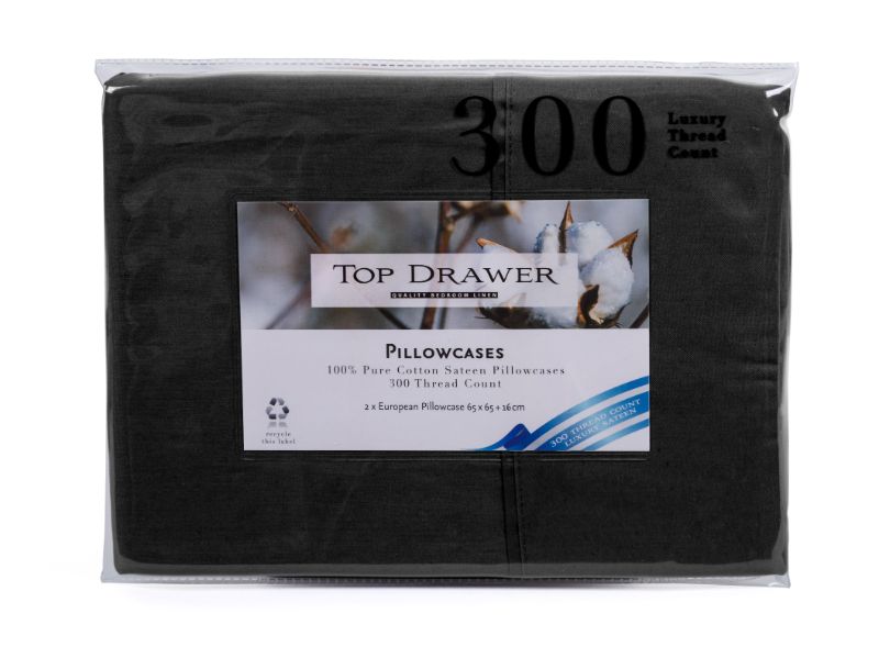 European pillowcase pair in sleek black, 100% cotton sateen, 300TC, 65x65+16cm, hypoallergenic, durable, and stylish.