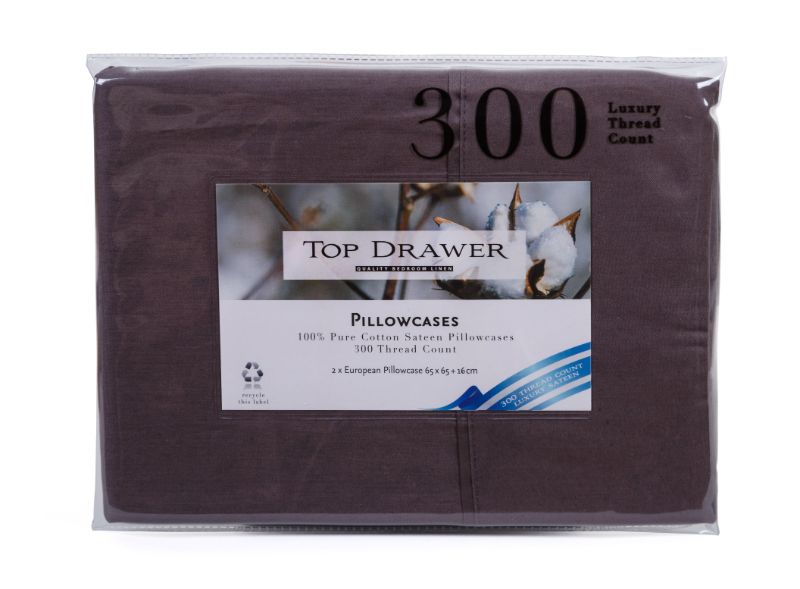Graphite European pillowcase 2 pack, 100% cotton sateen, 300TC, 65x65 cm with 16 cm flap for style and comfort.