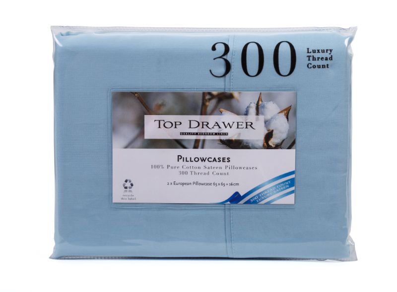 Light blue European pillowcase pair, 100% cotton sateen, 300TC, fits standard Euro pillows for added comfort and style.