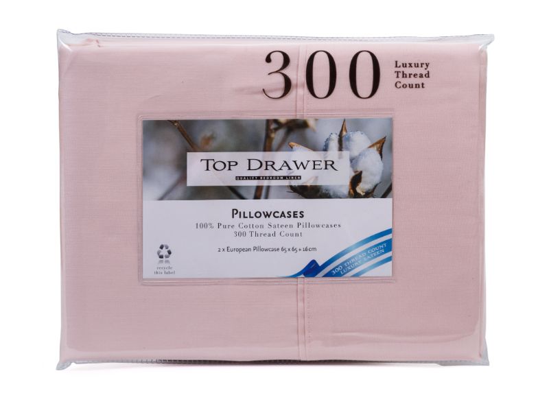 Blush European pillowcase 2 pack, 100% cotton sateen, 300TC, 65x65+16cm, offering luxury and comfort for a stylish bedroom.