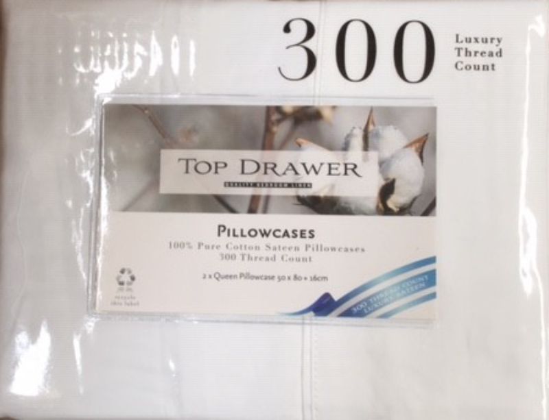Luxurious white QUEEN pillowcase pair, 50x80cm, 300TC, crafted from 100% cotton for ultimate softness and durability.