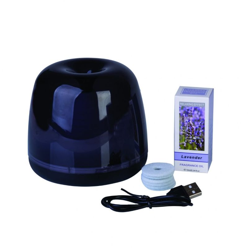 A compact Aroma Diffuser (10.7cm) with LED lights and includes Lavender Essential Oil for a soothing aromatic experience.
