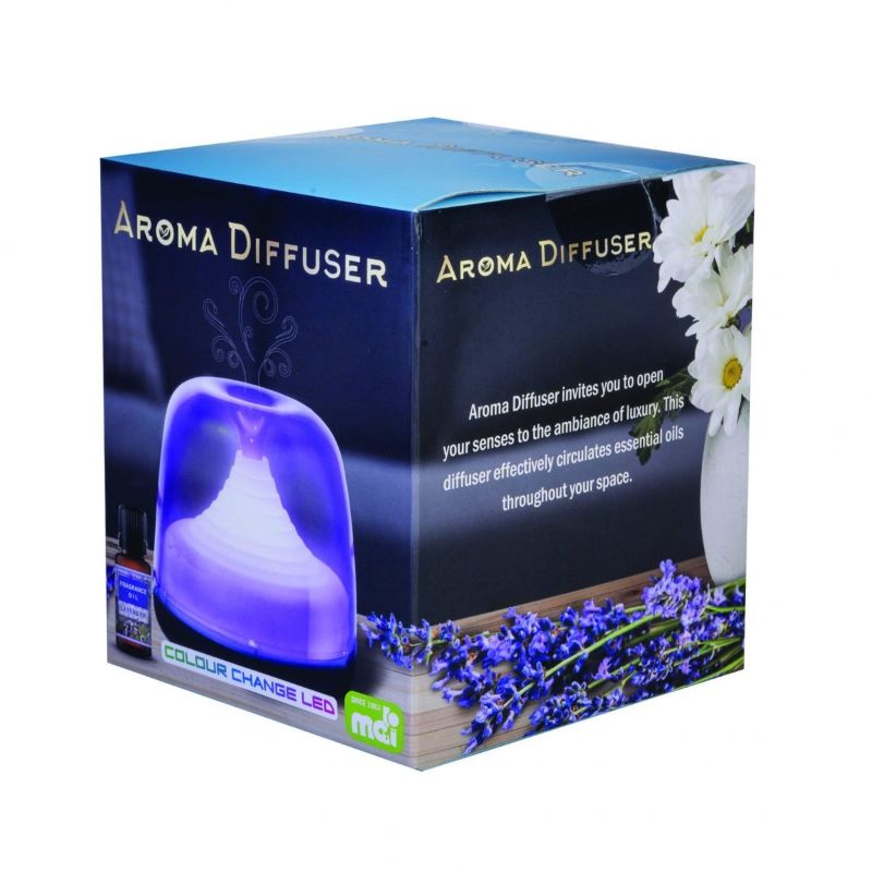 A sleek 10.7cm aroma diffuser with LED lights, includes lavender oil and scent pads for a serene atmosphere.