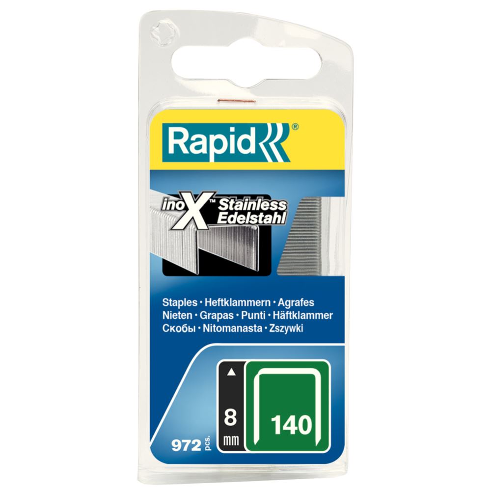 Stainless steel Rapid Staples 140/8, 972pcs, perfect for heavy-duty stapling with 8mm leg length and corrosion resistance.