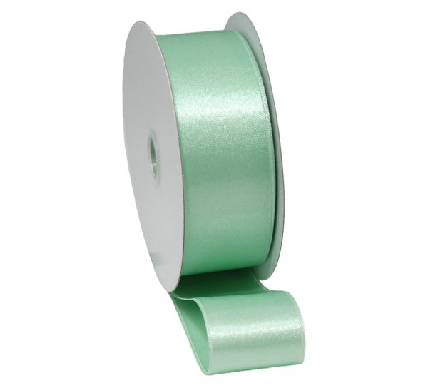 Elegant sage double-faced satin ribbon, 15mm x 30m, perfect for gift wrapping and crafting projects.