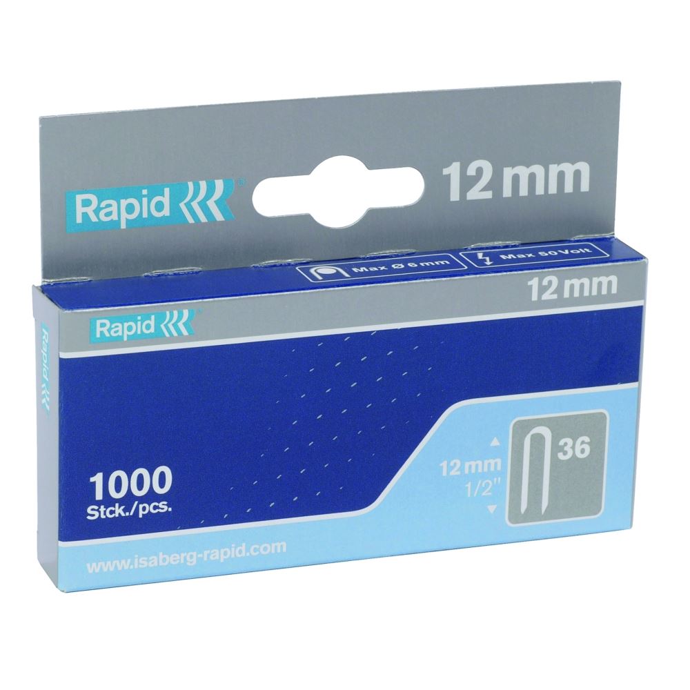 Rapid Staples 36/12 Mini box containing 1000 high-quality staples, designed for use with R36 cable tacker for secure cable management.