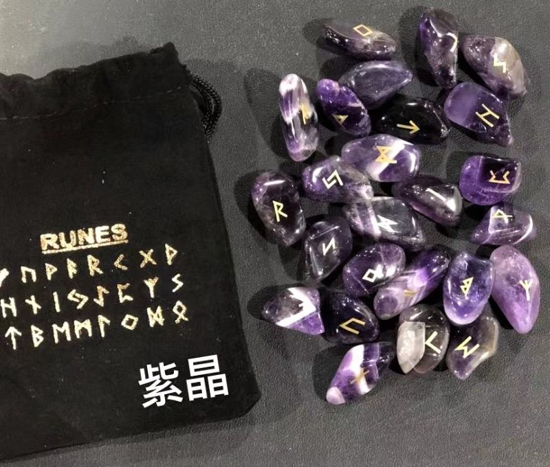 Amethyst rune set with 25 unique pieces, ideal for spiritual practice and enhancing intuition, each 1.50cm to 2cm.