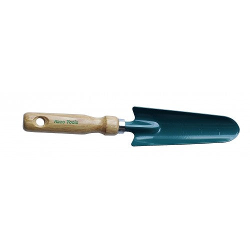 Raco Rt53/578 hand transplanter with heavy-duty wooden handle and sharp stainless steel blade for precise planting.