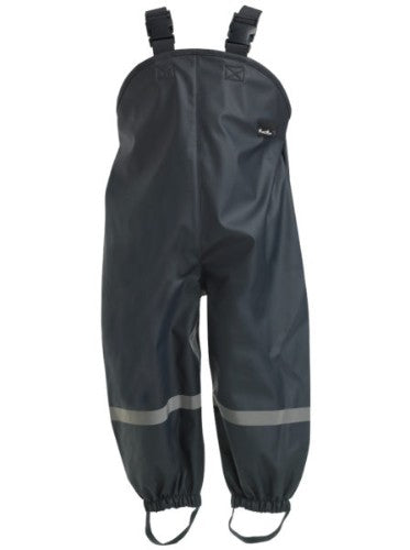 Mum 2 Mum Navy Rainwear Overalls for kids, 100% waterproof with adjustable straps and reflective stripes for visibility.