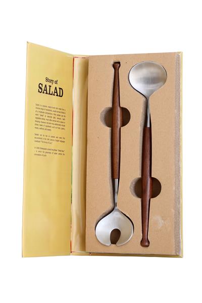 Elegant stainless steel salad serving spoons in a gift box, measuring 31 x 15 cm, ideal for gifting.