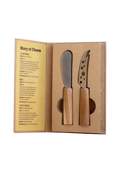 Set of 2 elegant stainless steel cheese knives in a stylish book-shaped display box, perfect for cheese lovers and gifting.