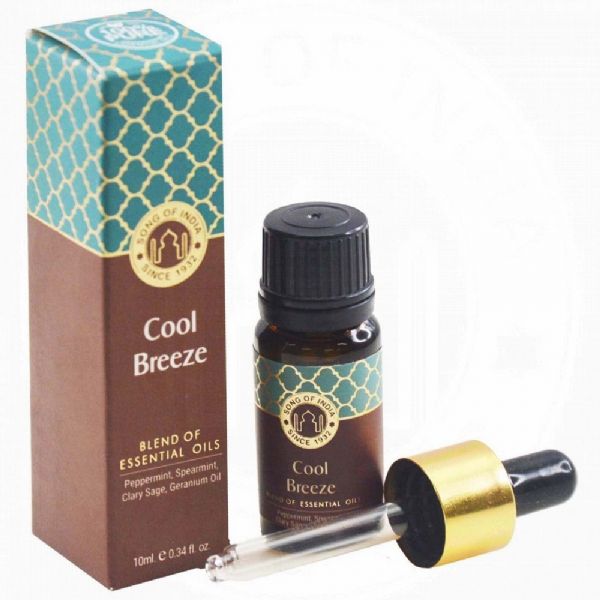 Cool Breeze Essential Oil in amber glass bottle, featuring a golden dropper, blends Peppermint, Spearmint, and more for uplifting aromatherapy.