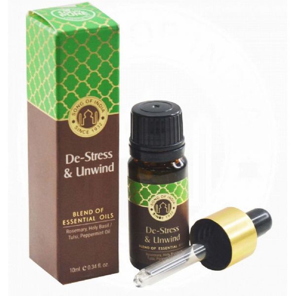 Amber bottle of De-Stress & Unwind Essential Oil blend featuring Rosemary, Holy Basil, and Peppermint for relaxation and calmness.