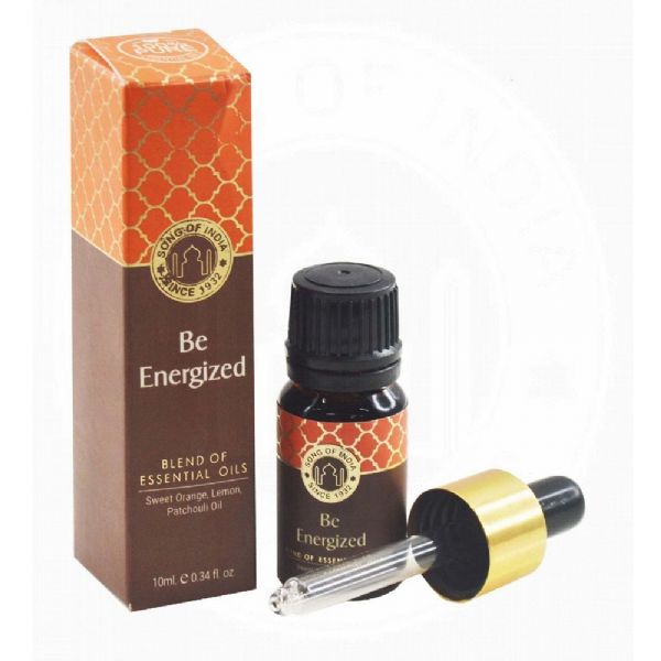 Amber glass bottle with golden dropper containing energizing essential oil blend of Sweet Orange, Lemon, and Patchouli.
