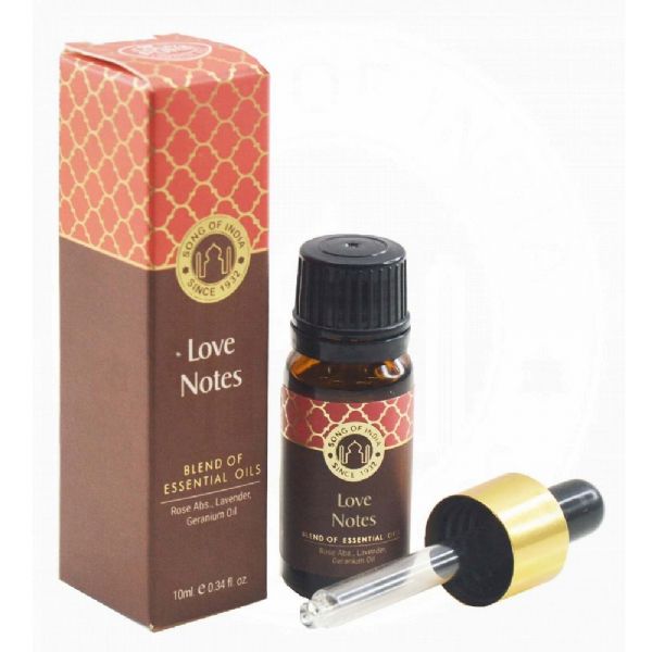 10ml Love Notes Essential Oil blend in amber bottle with dropper, featuring Rose, Lavender, and Geranium for mood enhancement.