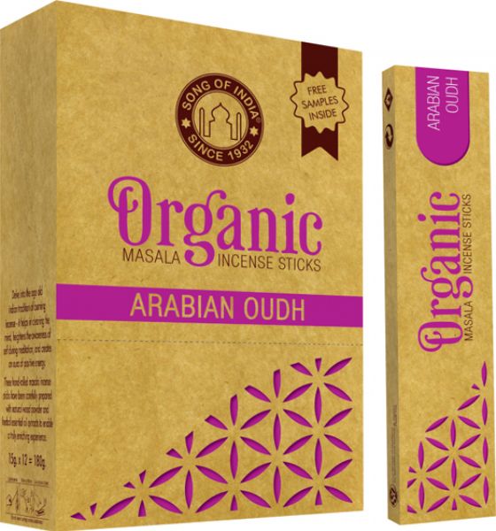 Organic Masala Incense Sticks Arabian Oudh pack of 12, releasing soothing aromas of exotic spices for meditation and relaxation.