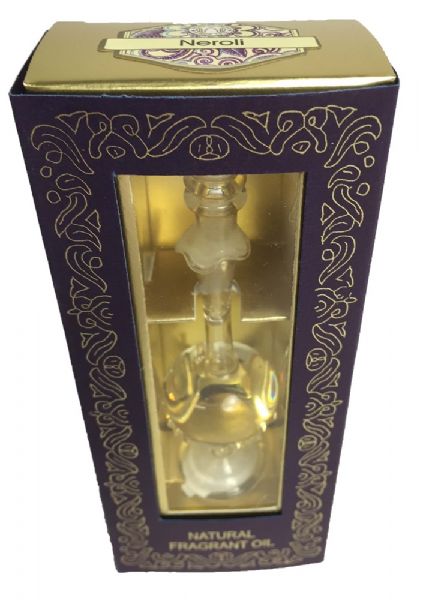 5ml Neroli Perfume Oil in an elegant hand-blown glass bottle, offering a refreshing and uplifting floral aroma.